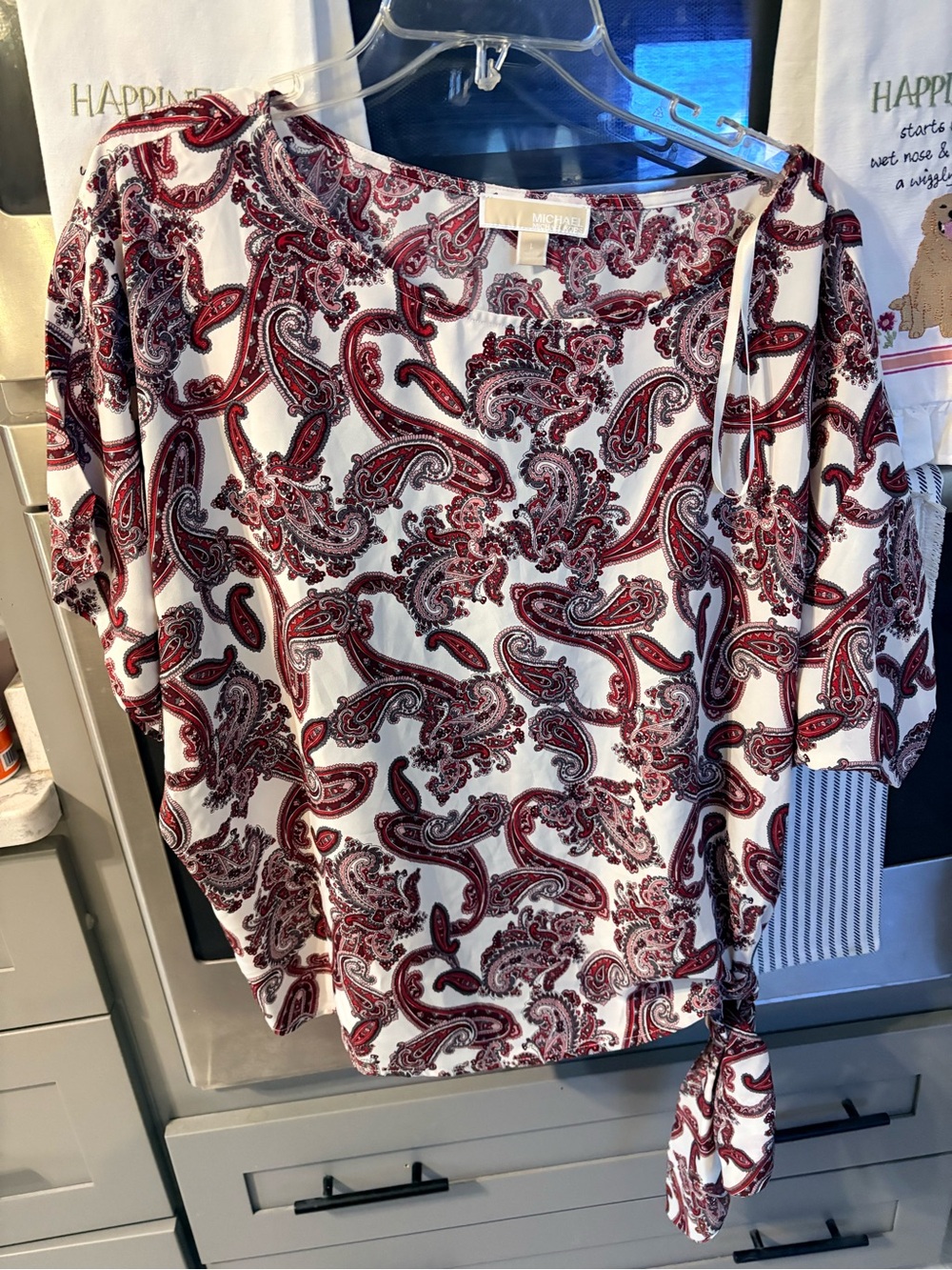 Michael Kors White Blouse with Burgundy Paisley Tie Accent